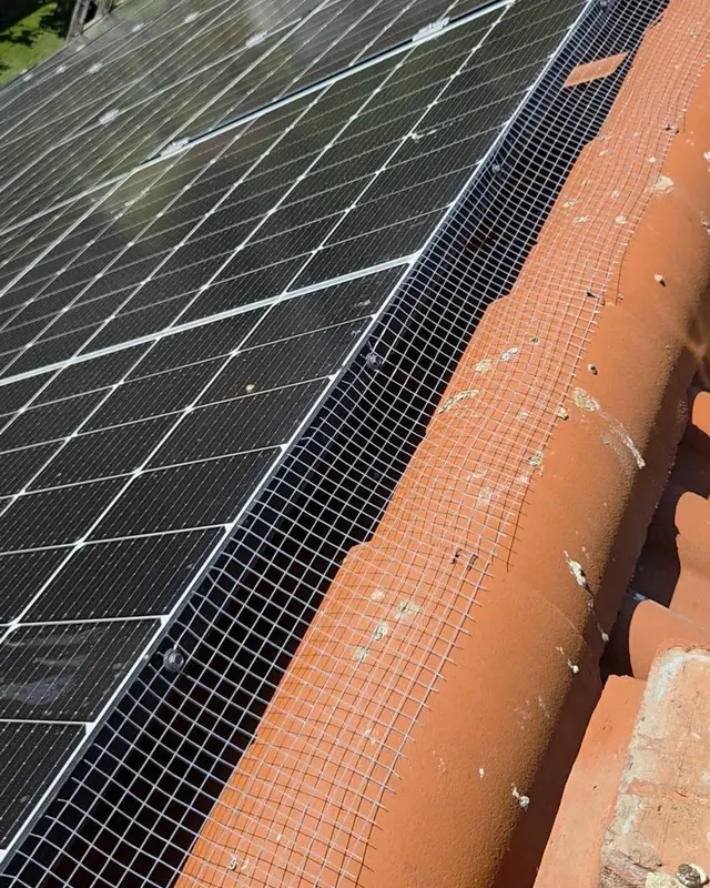 Panouri fotovoltaice cu plasă de protecție împotriva păsărilor, lângă streașină