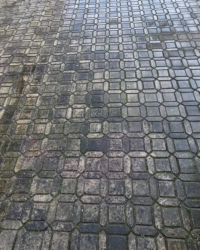 Pavaj cu model hexagonal, înnegrit și cu mușchi, înainte de curățare