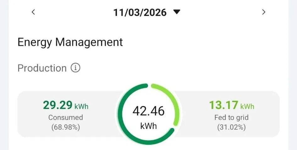 Captură din aplicația invertorului: 42,46 kWh produși pe 11 martie 2026, înainte de spălarea panourilor