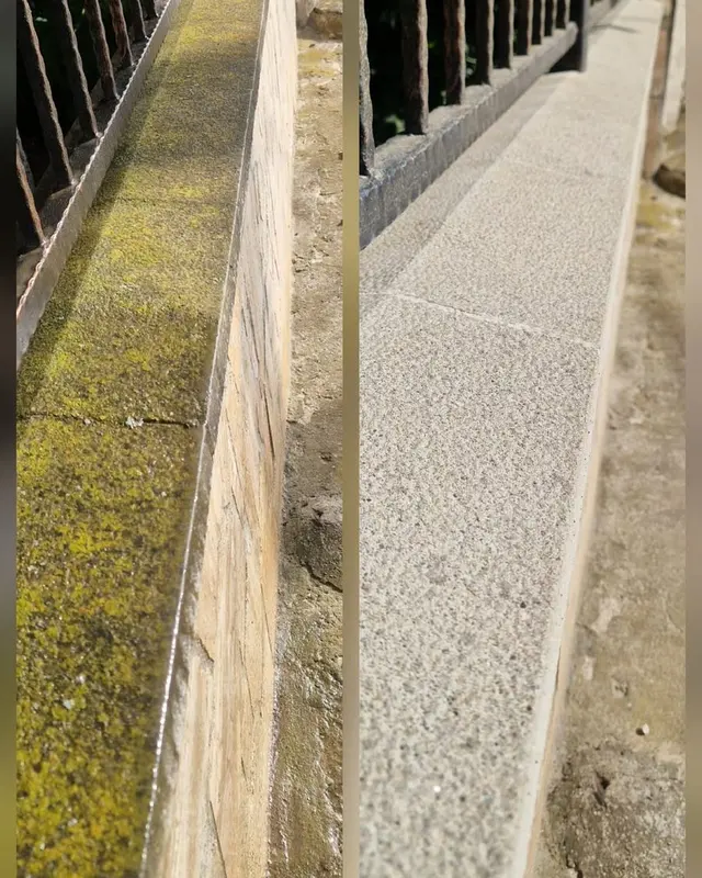 Bordură de beton cu mușchi, înainte și după curățare